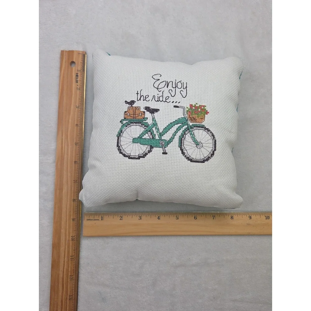 Cross Stitch Pillow Green Bicycle Flowers Suitcases Bird Finished Enjoy the Ride